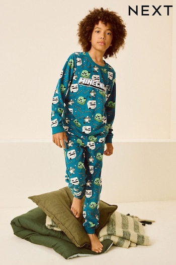 Teal Blue Minecraft Single Soft Touch Fleece Pyjamas with Elastane (5-16yrs) (N21438) | £18 - £24