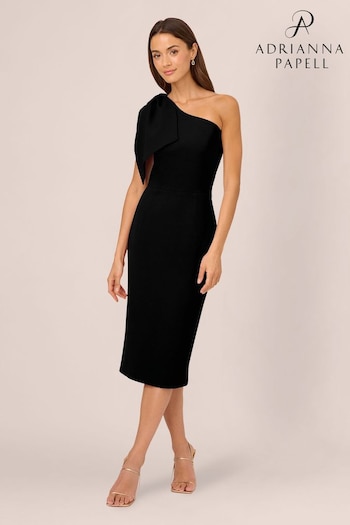 Adrianna Papell One Shoulder Bow Black Midi Dress (N21497) | £149