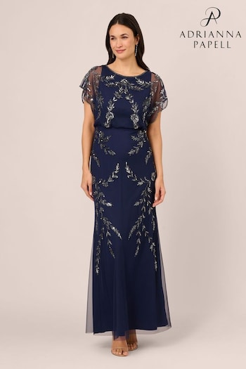 Adrianna Papell Blue Studio Beaded Flutter Blouson Gown (N21499) | £179