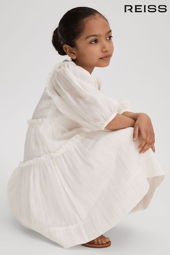Reiss Ivory Tash Senior Tiered Linen Blend Puff Sleeve Dress Boutique (N21524) | £86