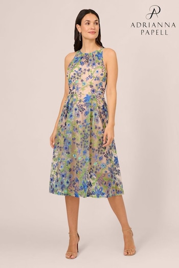 Adrianna Papell Blue Embroidered Fit And Flare Dress (N21528) | £249