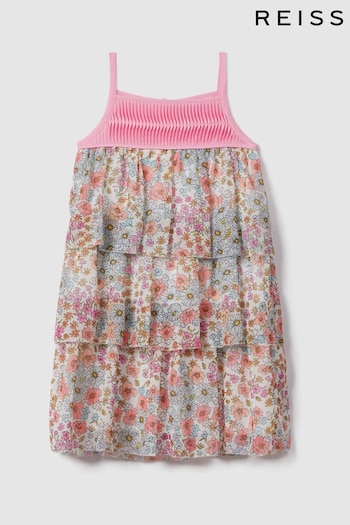 Reiss Pink Print Leela Teen Floral Print Tiered Dress (N21539) | £80