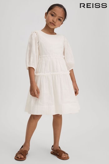 Reiss Ivory Tash Junior Tiered Linen Blend Puff Sleeve Dress Boutique (N21568) | £80