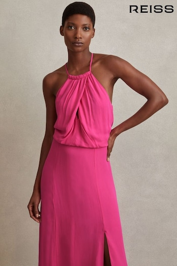 Reiss Pink Elliana Drape Front Midi Dress (N21681) | £158