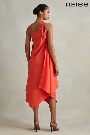 Reiss Orange Jeanne One Shoulder Draped Midi Dress (N21687) | £228