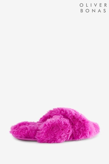 Oliver Bonas Fuchsia Pink Faux Fur Cross-Over Slippers (N21737) | £28