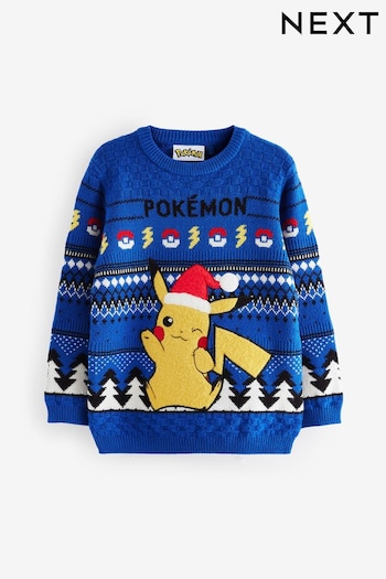 Blue Pikachu Pokemon Christmas Fairisle Pattern Crew Neck Jumper (3-16yrs) (N21772) | £22 - £27