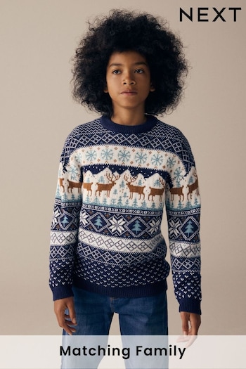 Navy Blue Boys Matching Family Christmas Fairisle Pattern Reindeer Jumper (3mths-16yrs) (N21810) | £18 - £24