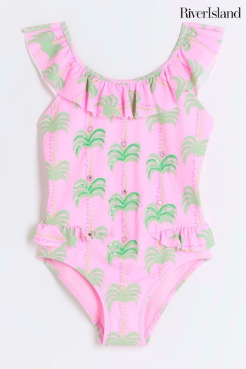 River Island Pink Girls Palm Print Swimsuit (N21848) | £20 - £25