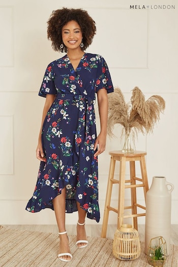 Mela Blue Floral Wrap Dress With Frill Hem (N21874) | £45