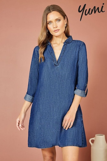 Yumi Blue Chambray Cotton Tunic With Pockets (N21875) | £40