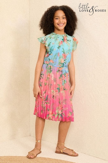 L&R | New: Clarke and Clarke Blue/Pink Tropical Chiffon Ruffle Sleeve Pleated Dress (5-16yrs) (N21917) | £39 - £47