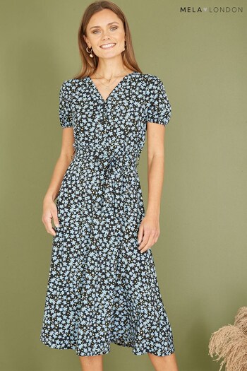 Mela Blue Ditsy Floral Print Midi dress Shirt Dress (N21923) | £40
