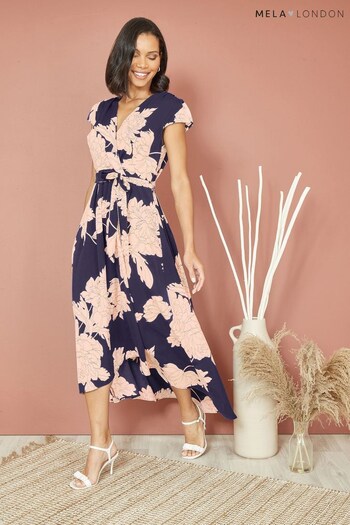 Mela Blue Blossom Print Wrap Midi Dress With Dipped Hem (N21926) | £45