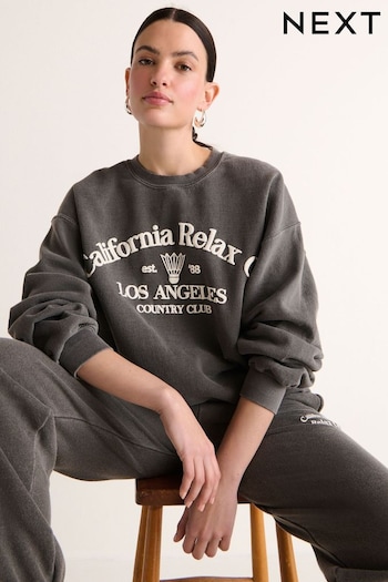 Charcoal Grey Relaxed Fit Oversized Washed California Long Sleeve Graphic Slogan Sweatshirt (N21981) | £34