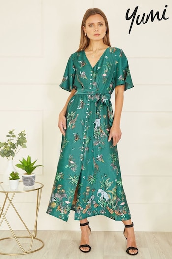 Yumi Green Satin Animal Safari Print Midi mulher Shirt Dress (N22004) | £60