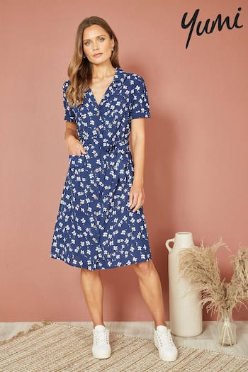 Yumi Blue Daisy Print Retro Kun Shirt Dress (N22014) | £55
