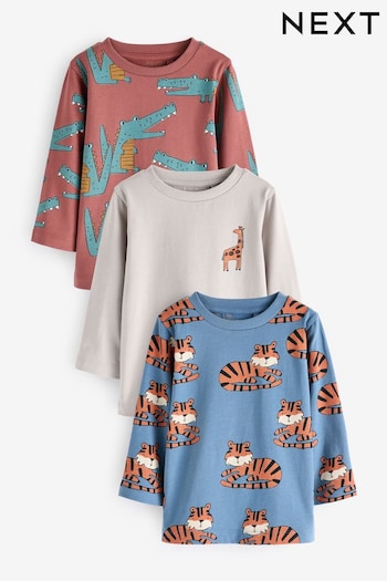 Neutral/Tan 100% Cotton Long Sleeve Animal Print Character T-Shirts 3 Pack (3mths-7yrs) (N22033) | £16 - £20