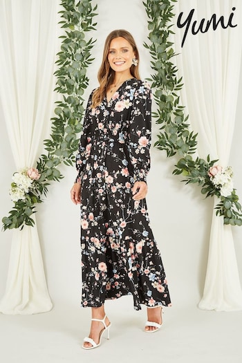 Yumi Black Blossom Floral Print Ruched Long Sleeves Midi Dress (N22039) | £55