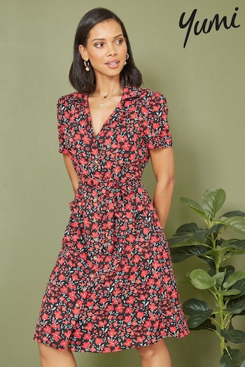 Yumi Red Poppy Print Retro Kun Shirt Dress (N22042) | £55