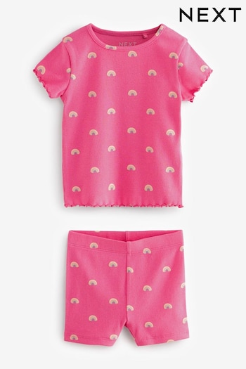 Bright Pink Rainbow Ribbed Short Sleeve T-Shirt and Cycle Shorts Set (3mths-7yrs) (N22057) | £7 - £11