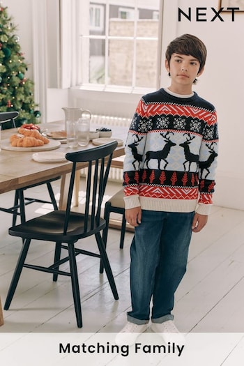 Navy Blue/Red Matching Family Boys Christmas Fairisle Pattern Reindeer Jumper (3mths-16yrs) (N22076) | £18 - £24