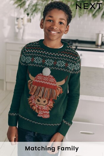 Dark Green Matching Family Kids Christmas Hamish The Highland Cow Jumper (3-16yrs) (N22083) | £18 - £22