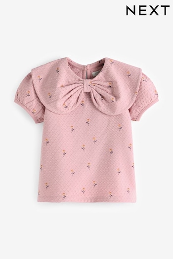 Pink Ditsy Textured Puff Short Sleeve Collar Top (3mths-7yrs) (N22108) | £7 - £9