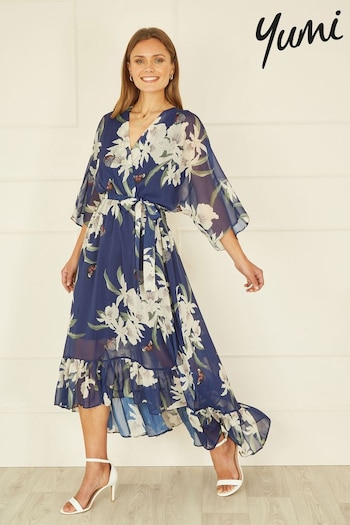 Yumi Blue Floral Print Kimono Midi Wrap Dress distressed (N22208) | £60