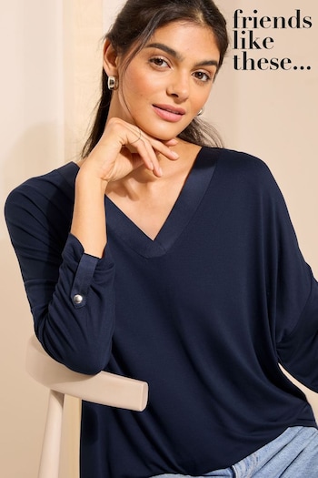 Short Pyjama Sets Navy Blue Soft Jersey V Neck Long Sleeve Tunic Top (N22226) | £25