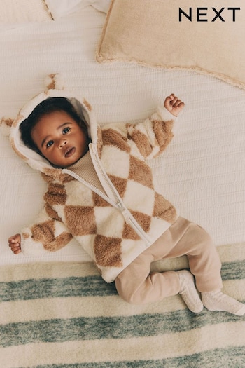 Beige Harlequin Cosy Fleece Baby Hooded Jacket (N22229) | £0