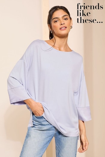Tops, Shirts & T-Shirts Cornflower Blue Soft Jersey Long Sleeve Satin Trim Tunic Top (N22239) | £25