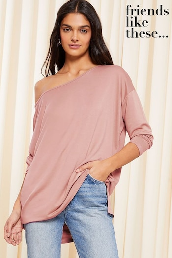 Friends Like These Neutral Soft Jersey Long Sleeve Slash Neck Tunic Top (N22241) | £22