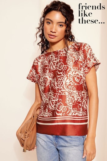 Rich Royal Tee shirt Visages Gris 13q465 Red Printed Satin Utility Short Sleeve Top (N22261) | £30