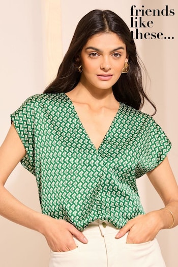 Hoodies & Sweatshirts Green Short Sleeve V Neck Woven Blouse (N22266) | £30
