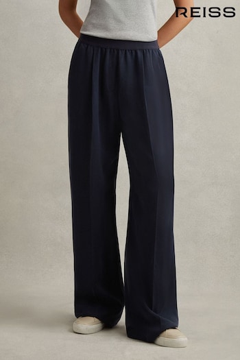 Reiss Navy Vera Petite Lyocell Linen Wide Leg Trousers (N22880) | £150