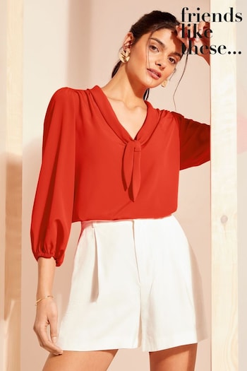 Bootcut & Flare Red V Neck Bow Front 3/4 Sleeve Blouse (N22896) | £30