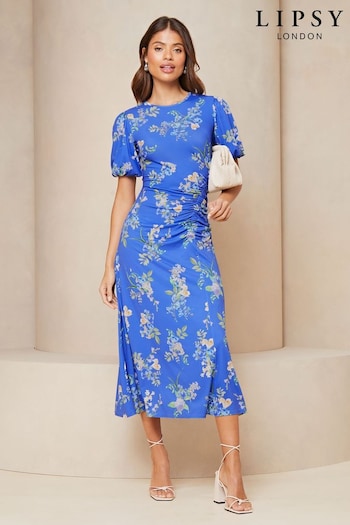Lipsy Navy Blue Puff Sleeve Ruched Midaxi Printed Dress denim (N22971) | £58