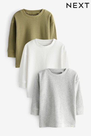 Grey/White/Green Textured 100% Cotton Long Sleeve T-Shirts 3 Pack (3mths-7yrs) (N23016) | £19 - £23