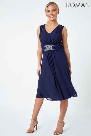 Roman Blue Petite Embellished Waist Mesh Stretch Dress (N23131) | £60