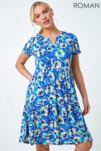 Roman Blue Tiered Floral Stretch T-Shirt Dress (N23142) | £38