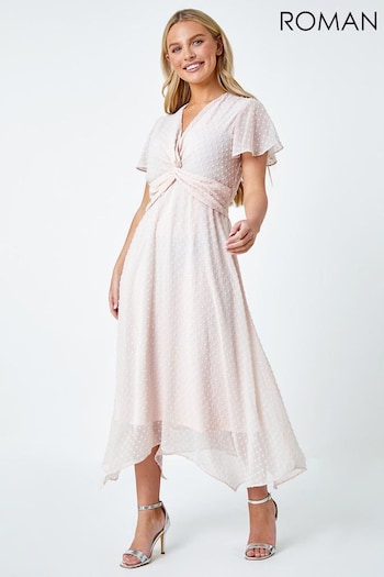Roman Pink Textured Spot Twist Front Midi Dress (N23163) | £55