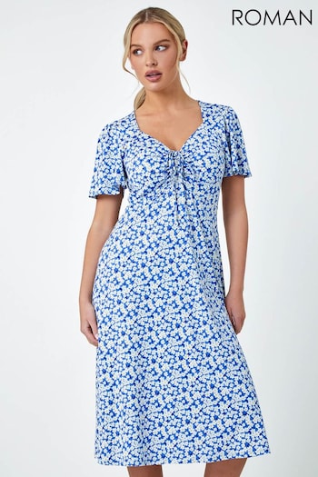 Roman Blue Floral Stretch Gathered Midi Dress (N23167) | £40
