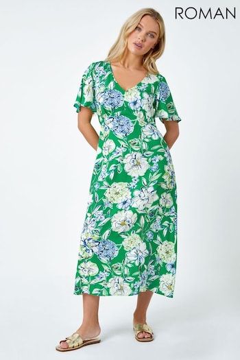 Roman Green Floral Print Midi Dress (N23189) | £40