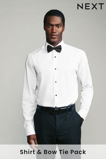 White Textured/Black Bow Tie Regular Fit Single Cuff Shirt And Bow Tie Pack (N23305) | £34