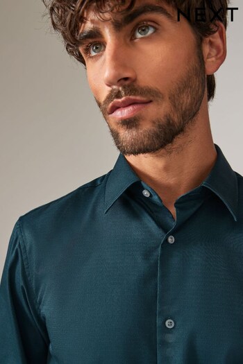 Teal Blue Regular Fit Easy Care Textured Single Cuff Shirt (N23307) | £26