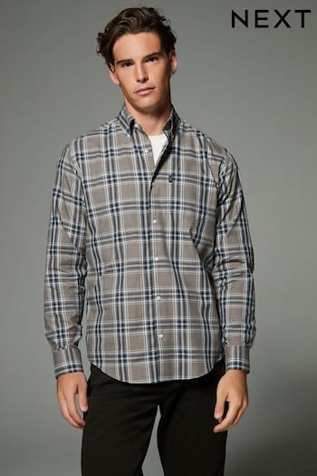 Neutral Brown/Grey Tartan Check Regular Fit Easy Iron Button Down Oxford Shirt (N23366) | £26