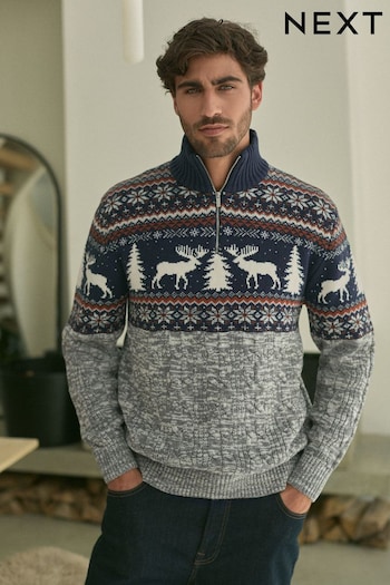 Navy Blue/Grey Reindeer Regular Fit Christmas Jumper (N24330) | £40