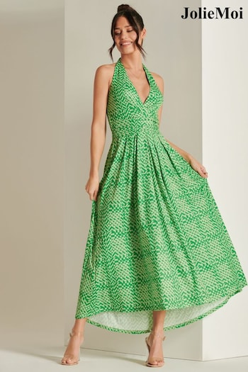 Jolie Moi Green Plunge Neck Shirred Back Maxi Dress (N24335) | £68
