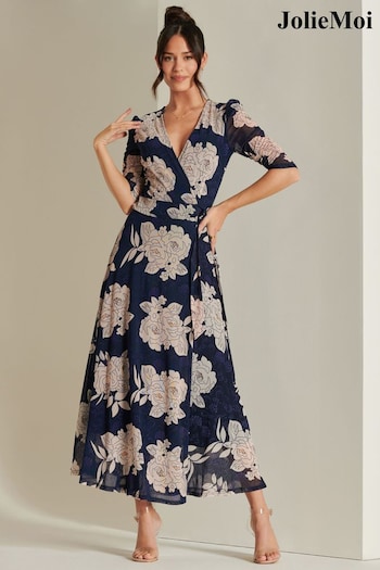 Jolie Moi Blue Daliyah Wrap Front Mesh Maxi Dress (N24339) | £85